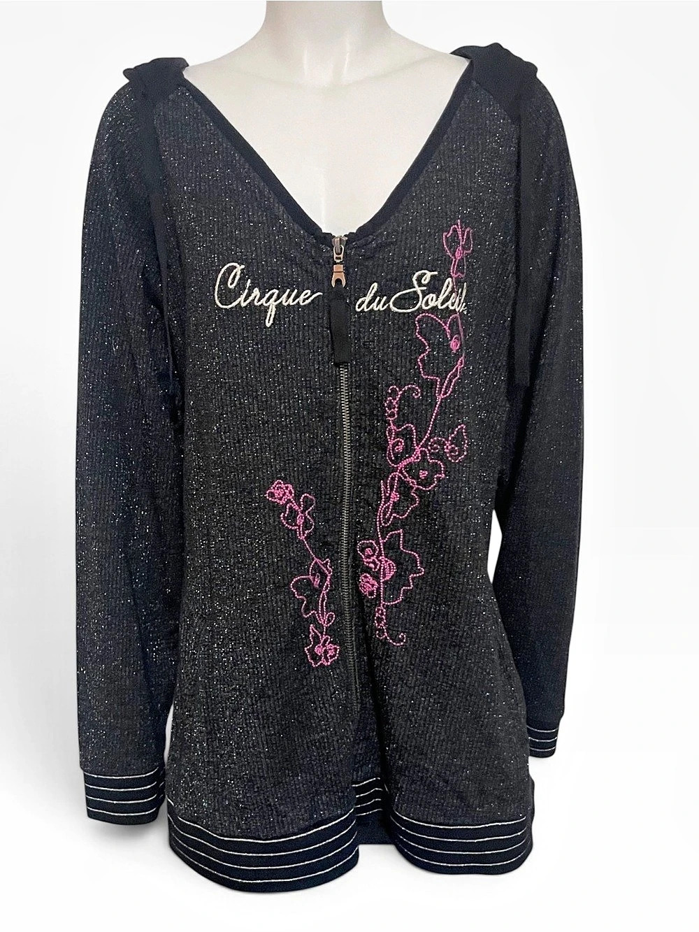 Cirque du Soleil Vintage Y2K Black Shimmer Glitter Floral Embroidered Zip Hoodie